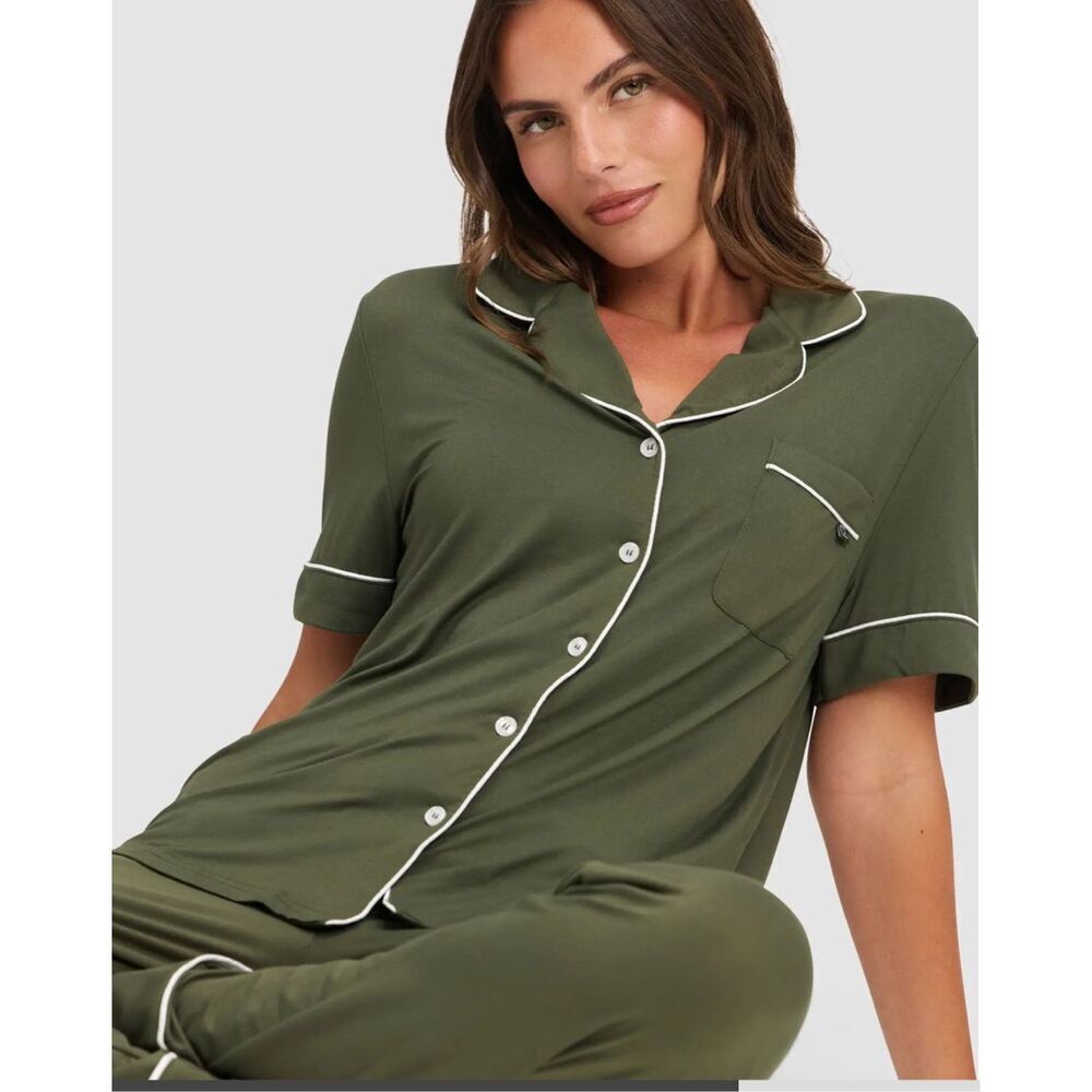 Women's Olive Green Short-Sleeve Pajama Set with White Piping